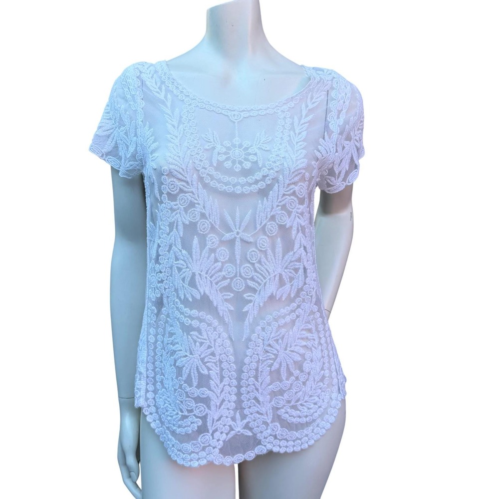 Vintage Handmade Lace Top White Floral  Sheer Embroidered Boho Fairycore Angel M